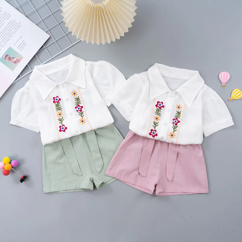 Girls Summer Korean Version of Sets 2023 Baby Embroidery Flower Tops Shorts 2piece 1-5Y Children's Set kids clothes girls