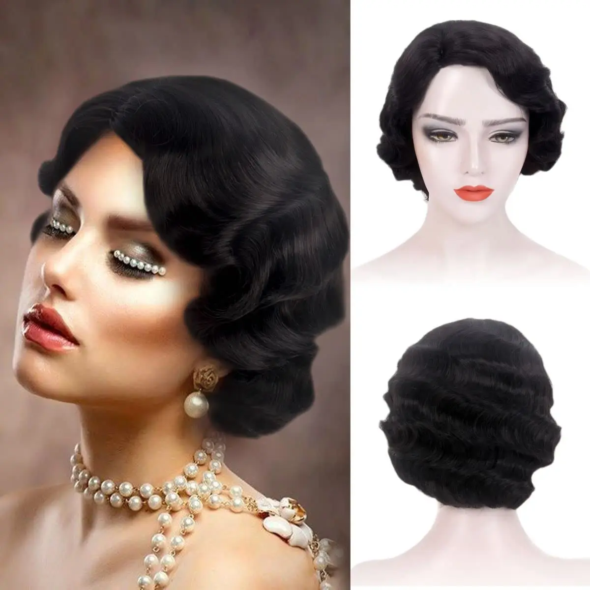 

Black 1920s Wigs for Women Finger Wave Natural Synthetic Hair Wig Cosplay Costume 20s Theme Party Wigs Short Flapper Wig