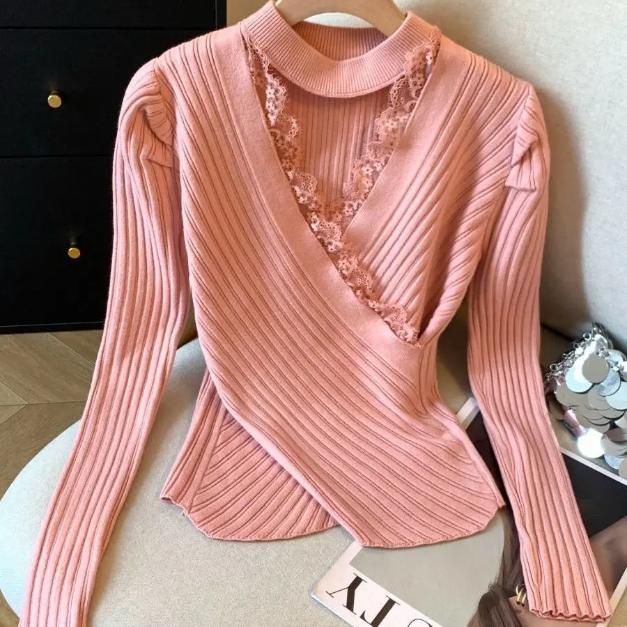 

Korean Style Hollow Out Lace Knitted Sweater 2026 New Spring Autumn Women Slim-fit Short Sweater Female Soft Blouse Bottom Shirt
