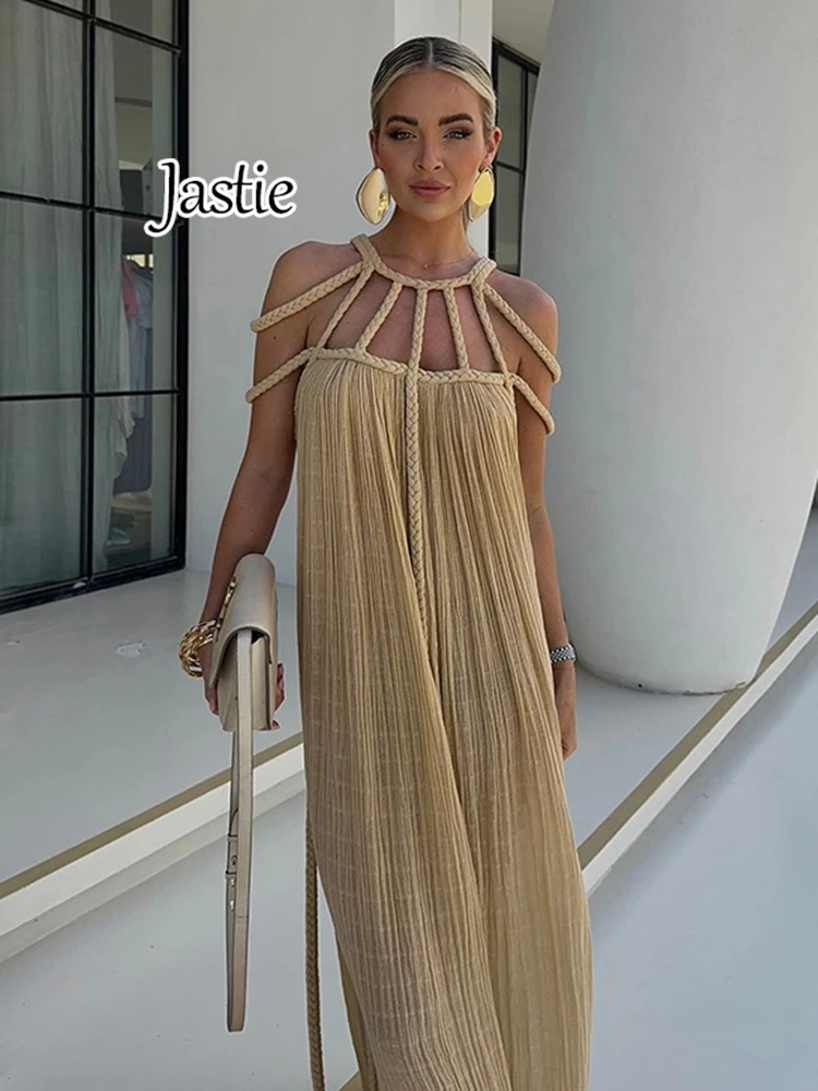 Jastie2024 New Summer Women Knitted Dress Tied Rope Off-shoulder Sexy Halter Neck Loose Vacation Beach Dresses For Women Clothes