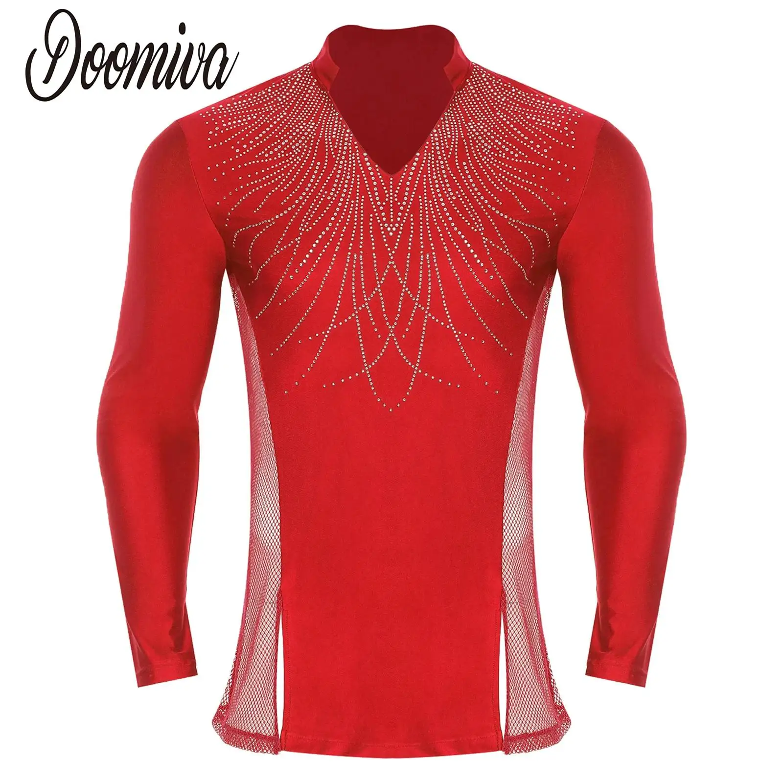 

Men Dance Rhinestones Latin Ballet Gymnastic Shirt Long Sleeve Patchwork Side Mesh T-shirt Dancewear for Tango Ballroom Skating