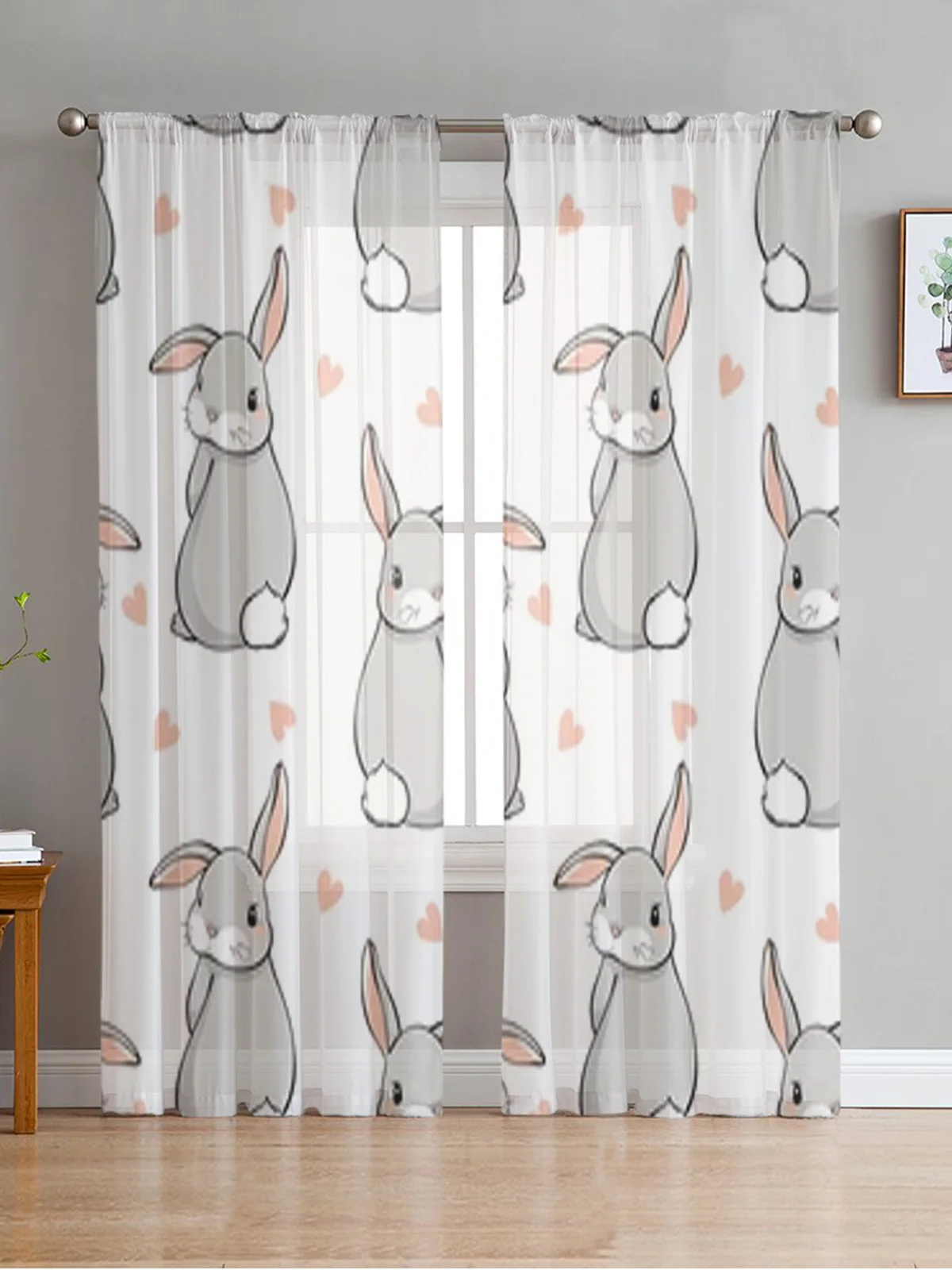 Cute Bunnies And Hearts Sheer Curtains Bedroom Voile Curtain Living Room Window Sheer Curtains Kitchen Tulle Drapes