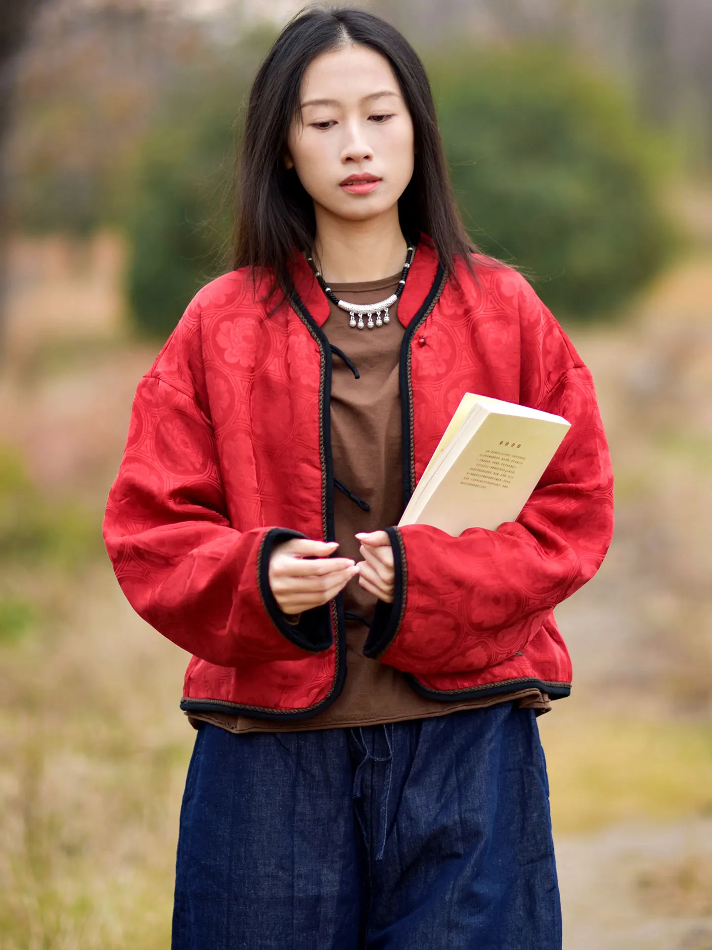 

Ретро-куртка из хлопка с глянцевой шелковой вышивкой и воротником-стойкой, женская, двусторонняя, осенне-зимняя, новинка