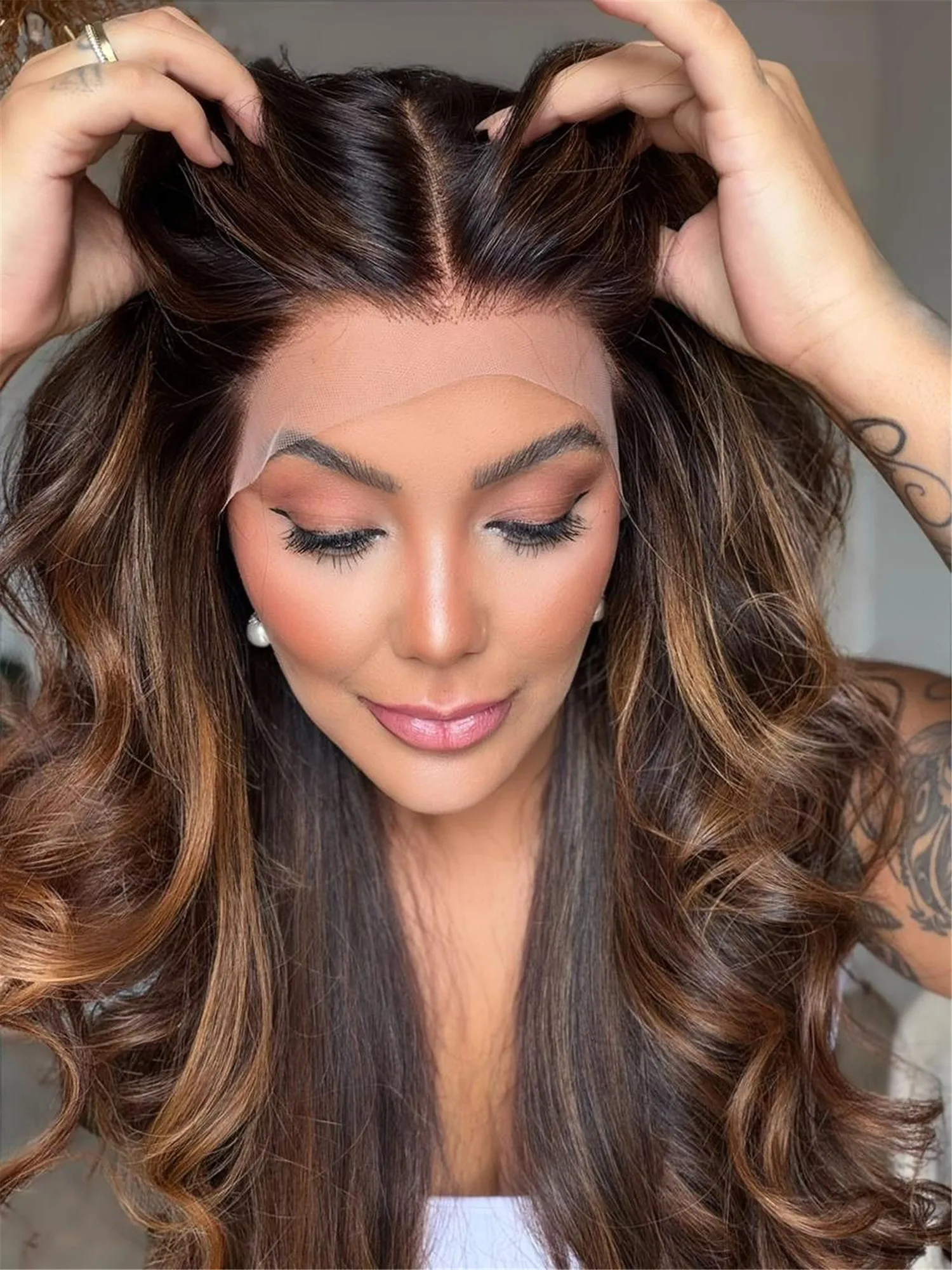 Hair Chocolate Brown Ombre Synthetic Mixed 5% Human Hair Wigs Body Wave Balayage Free Part Front Lace Wigs Long Daily Party Use