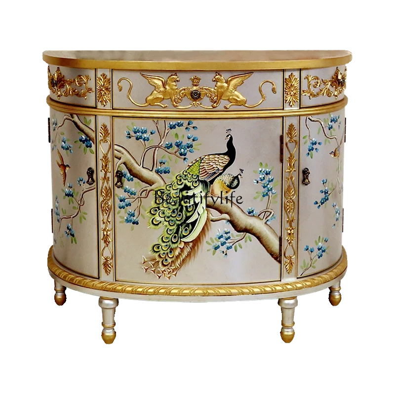 

American semicircular entrance cabinet European painted small side cabinet peacock decorative cabinet living room