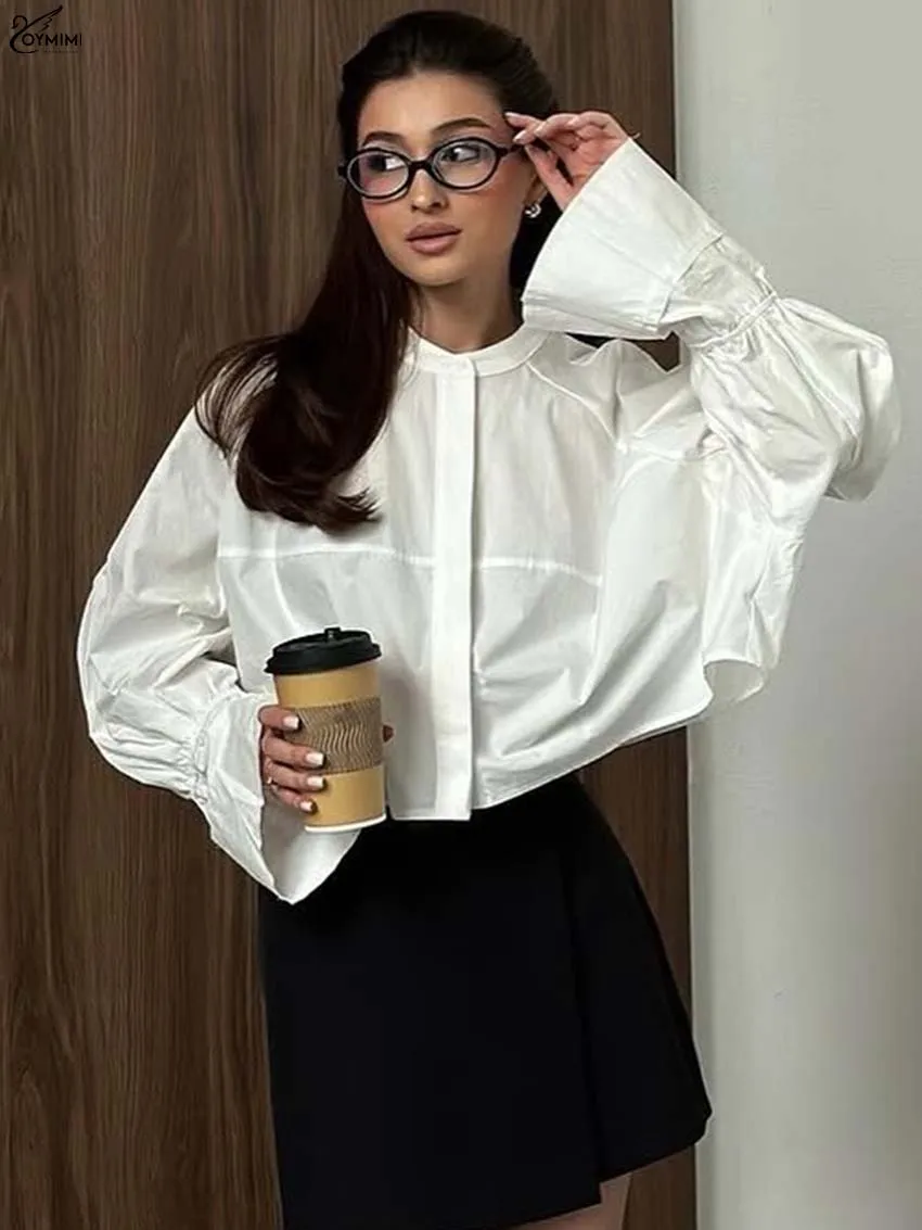

Oymimi Fashion White Cotton Women's Shirt Elegant O-Neck Long Sleeve Loose Blouses Casual Single Breasted Simple Blouses Female