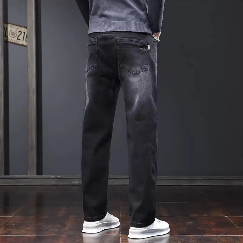 Loose Straight Leg Men's Jeans Comfortable Casual Fashionable Elastic Long Trousers for Men mid Waist Water Washed Denim Fabric