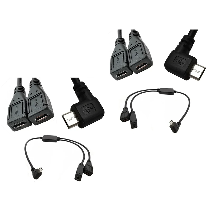 Micro USB 5 Pin Male to 2Female Y Splitter Cable Left Right Angle Charger 2 in 1 Adapter Charging Data Cord Middle 30cm