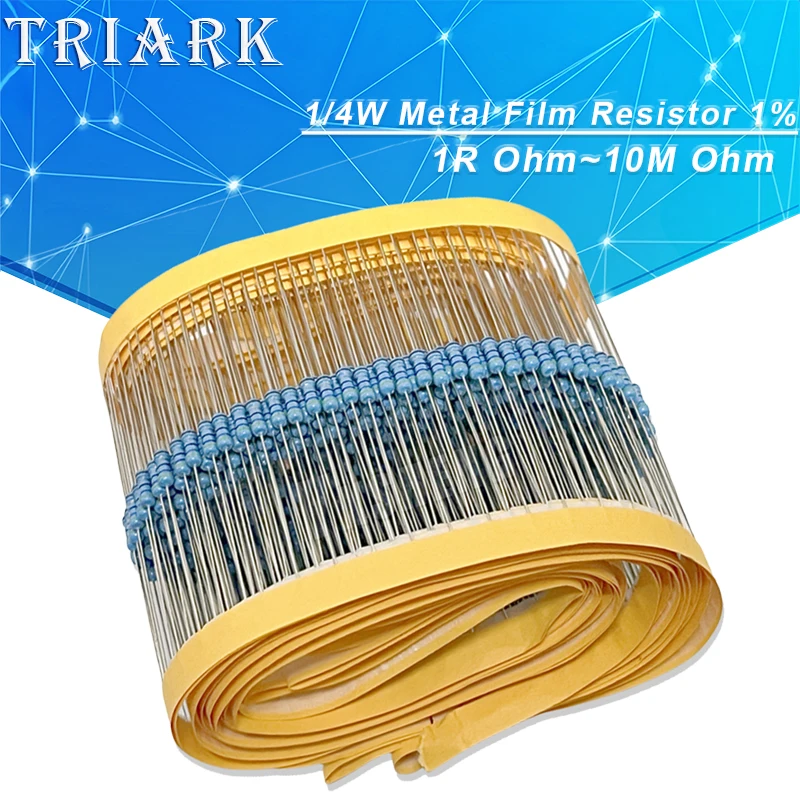 100PCS Metal Film Resistor 1/4W 1% 100R 220R 1K 1.5K 2.2K 4.7K 10K 22K 47K 100K 180K 100 220 1K5 2K2 4K7 Ohm Resistance 1R~22M