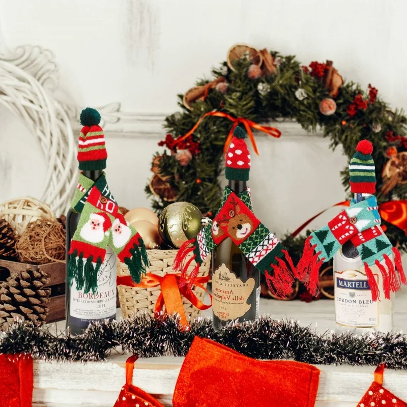 Christmas Wine Bottle Cover Knit Sweater Wine Bottle Decor Cute Santa Claus Elk Scarf Hat Decor Christmas Party Table Decoration