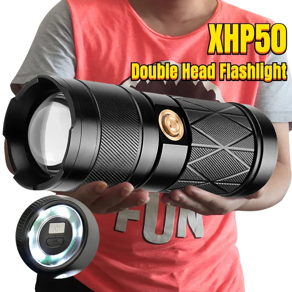 White laser Bright Led Double Head ABS Flashlight Waterproof Rechargeable Zoomable Torch Work Light Spotlight Floodling Lantern