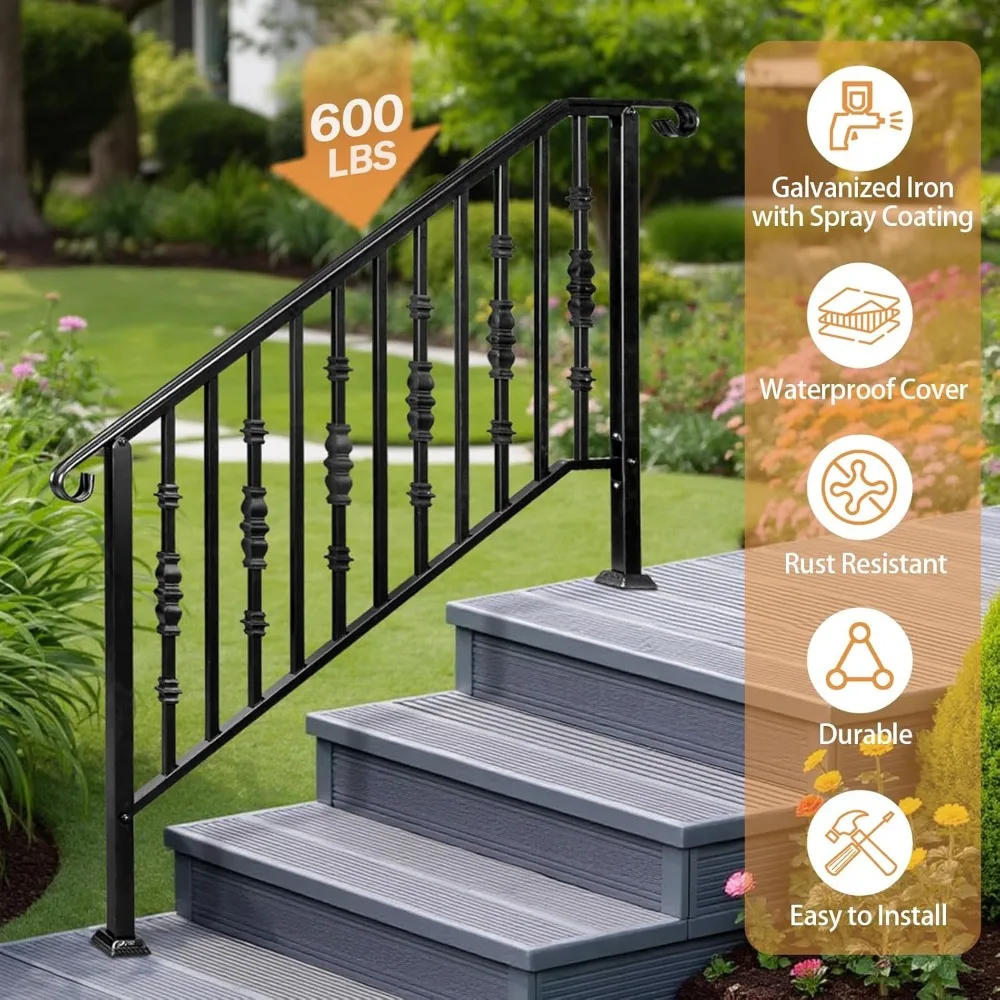2 Pack 5 Step Handrails for Outdoor Steps, Wrought Iron Stair Railing, Metal Hand Railing with Installation Kit, Staircase Handr