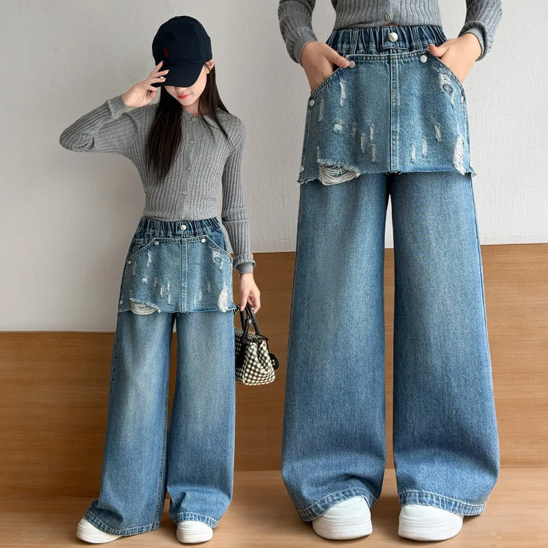 Girls Straight Leg Jeans Spring Autumn New Style Children Detachable Flounce Denim Pants Korean Version Kids Wide Leg Trousers