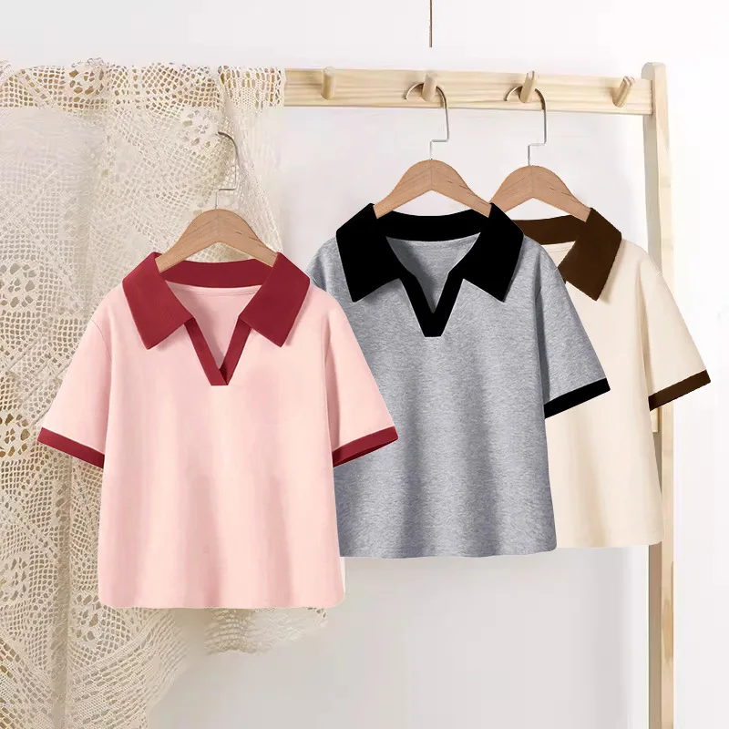 Girls polo shirt top Summer 2024 hot girl baby children's T-shirt lapel short-sleeved T-shirt solid color V-neck top 1-10 years