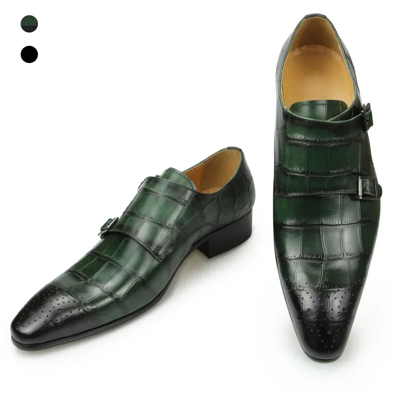 

Monk Slip on Casual Buckle Strap Green Mens Pattern Genuine genuine leather Business Handmade Dress Daily Shoes zapatos italiano