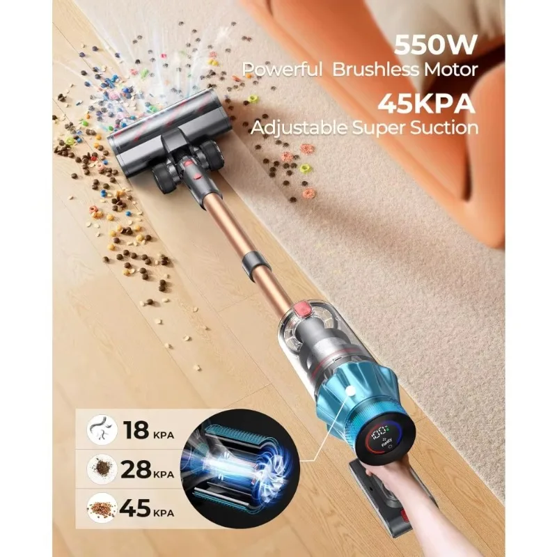 Cordless Vacuum Cleaner 550W/45Kpa, Stick Vacuum Cleaners 60 Mins Max Runtime with Charging Dock, Self-Standing Handheld Vacuum