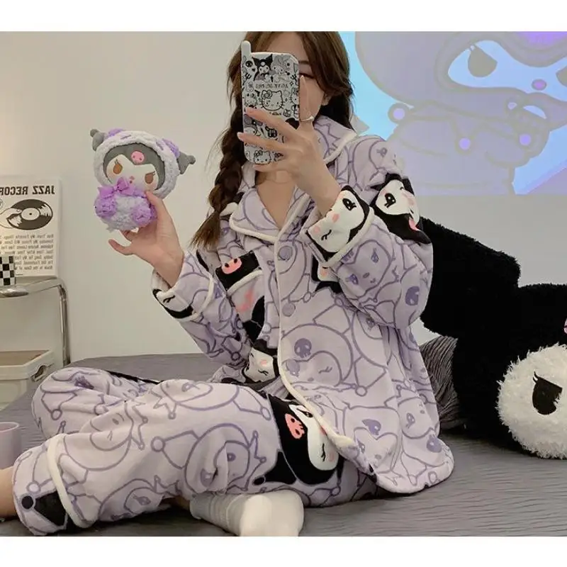 Sanrio Mädchen Flanell Strickjacke Pyjama Set Winter Kawaii Kuromi Comic Student Verdickung Warm Halten Mode Ausgehen Freizeit Tragen Kit