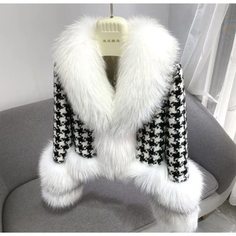 Winter Elegant Fur Coat Women Short Thousand Bird Check Fur Collar Silver Faux Fur Jackets Luxury Warm Parkas Cotton Clothes New