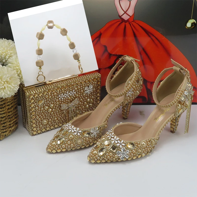 BaoYaFang Champagne Gold Crystal Bridal wedding shoes and Bag Pointed Toe Female Party Shoes Fashion Ankle Strap High Pumps