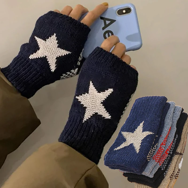 Autumn Winter Knitted Woolen Gloves Fashion Y2K Star Men Women Half Finger Soft Warm Mittens Five Pointed Star Fingerless Gloves