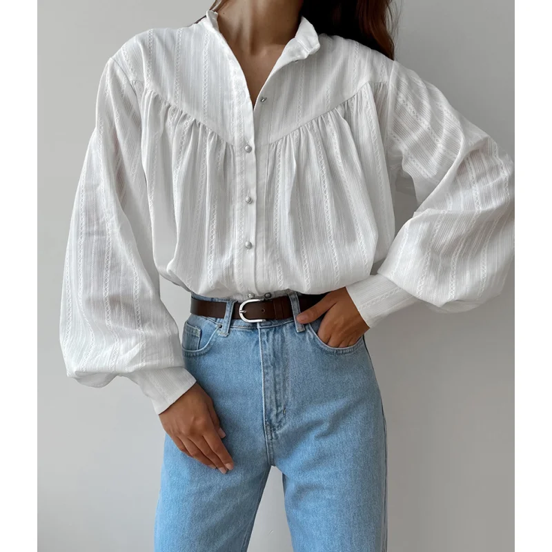 Primavera manga bolha camisa branca blusa feminina simplicidade francesa em torno do pescoço mangas compridas baggy topos design chique camisa vintage