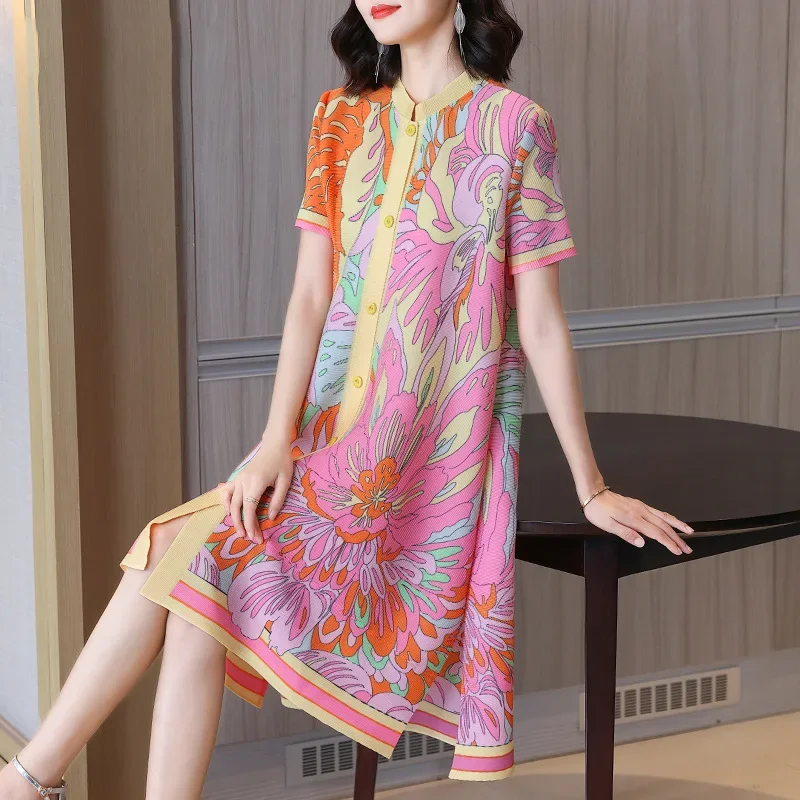 

Miyake High End Spring Fashion Printed Short Sleeved Dress 2023 Summer New Foreign Style Loose Medium Blouse Dress