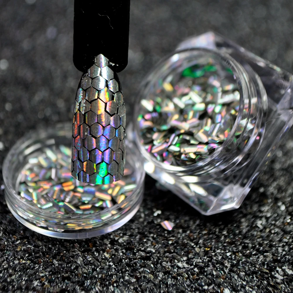 1 doos Vis Schaal Nagel Pailletten Holo Zilver Zeemeermin Hexagon Glitter Vellen Gebogen Curve Bodem Manicure Nail Art Tips Decoraties