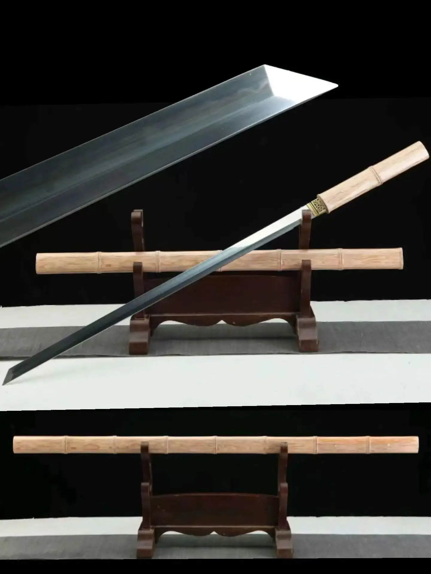 102cm Chinese Kungfu Battle Sword,Wooden Bamboo Sheath Handle, Multi Folded Refined Clay-Burnt Patterned T10 Steel Blade,Unsharp