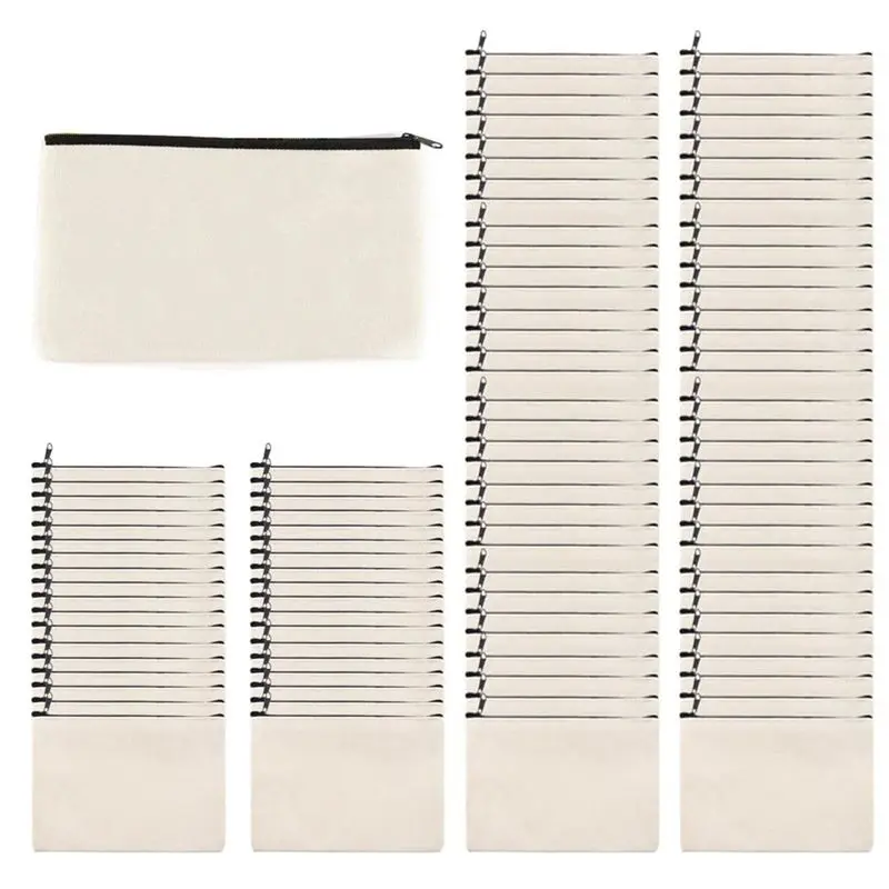 100Pcs Blank DIY Craft Bag Multi-Purpose Travel Toiletry Bag Canvas Zipper Pencil Case Makeup Bags