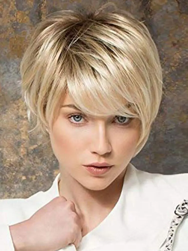 Light Blond Short Layered Hairstyles Women's Natural Real  Hair Wig 8 Inch