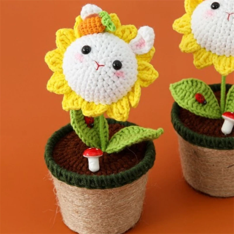 Sunflower Pure Hand-Woven Carrot Rabbit Sunflower Hemp Rope Wool Potted Plant Ornaments Artificial Flower 9cmx18cm