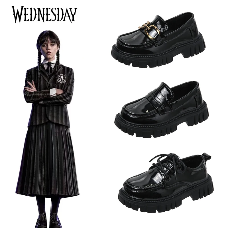 Wednesday Addams rodzina Cosplay dzieci buty z grubą podeszwą Vintage Gothic wiatr moda pojedyncze buty dla dziewczynek impreza z okazji Halloween buty