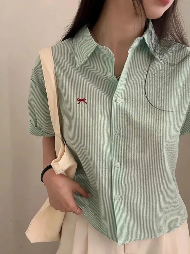 Women's Summer Stripe irt Embroidered  Knot ort Sve Single Button High-End Feel Top Quali Faionable