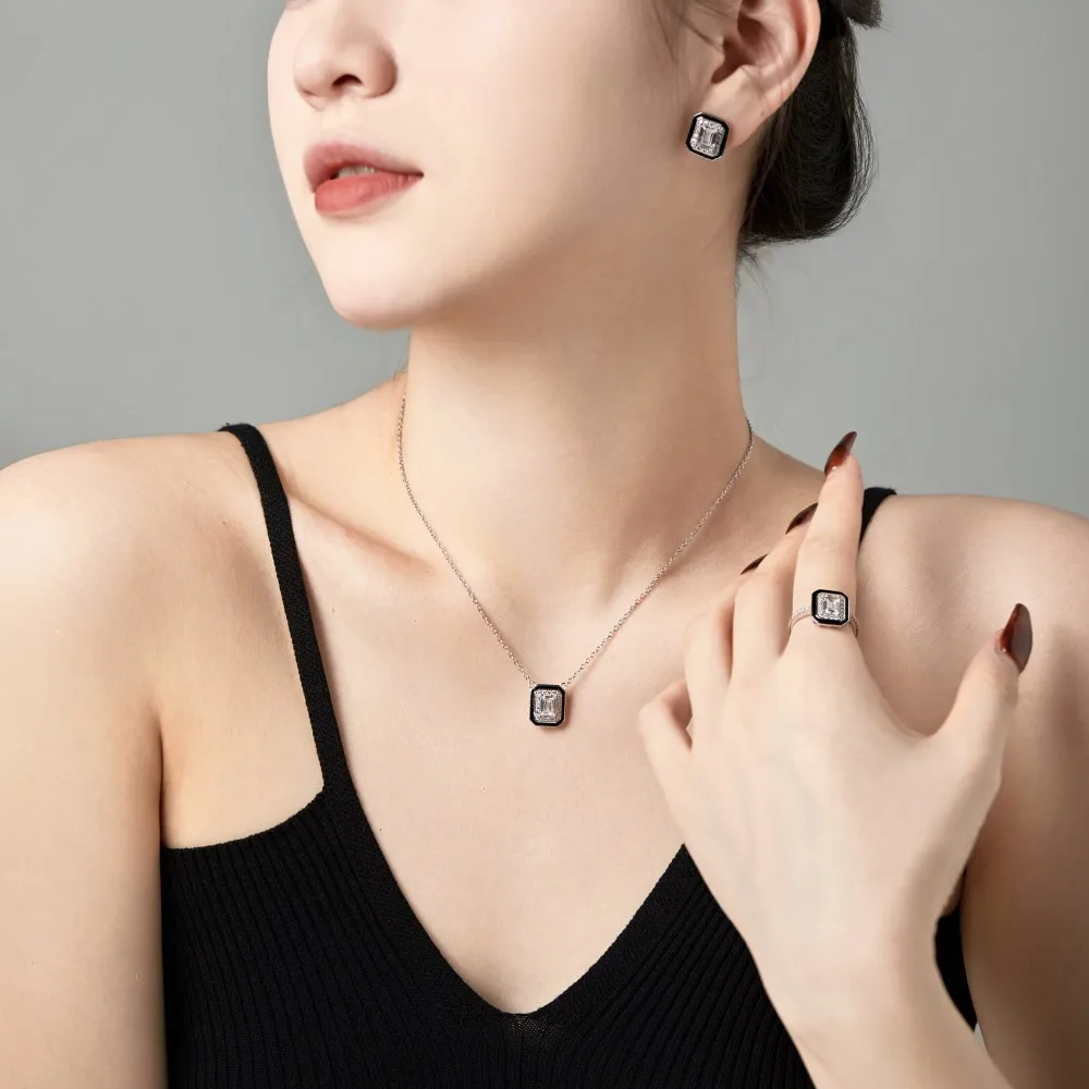 S925 Sterling Silver Luxury Jewelry Black Onyx Necklace Ring Earring Set Square Emerald Cut Elegant Women Jewelry Set