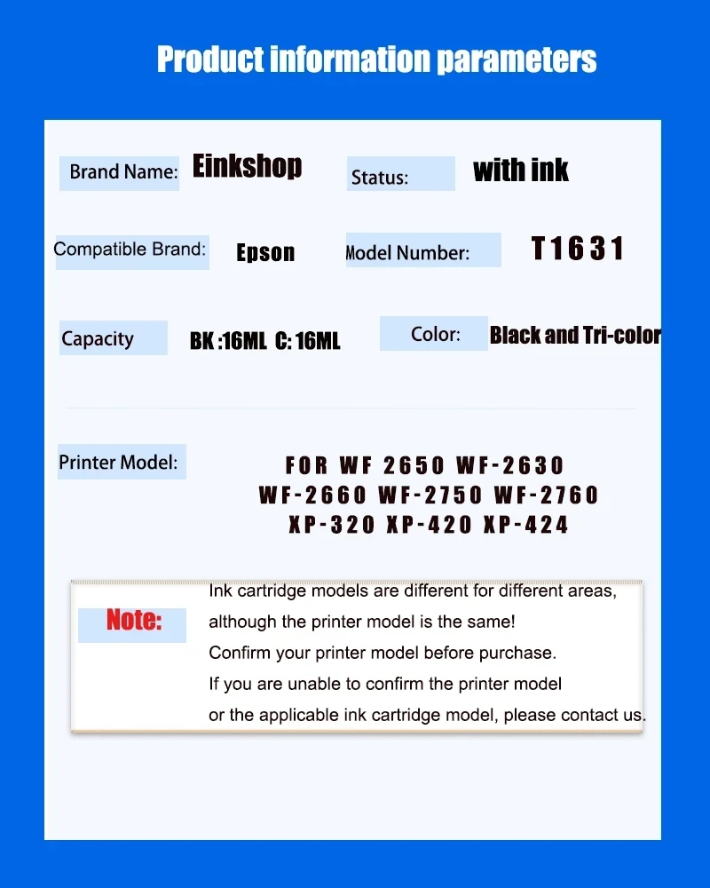 16XL T1631 Compatible Ink Cartridge For Epson WorkForce  WF-2510 WF-2760 WF-2630 WF-2650 WF-2750 WF-2660 WF-2530 WF-2520 printer