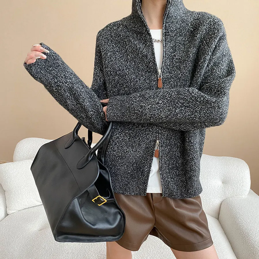 

Высококачественный женский вязаный свитер с отложным воротником из 10% кашемира, пальто, винтажный серый цвет, толстые кардиганы, топы для женщин, свитер