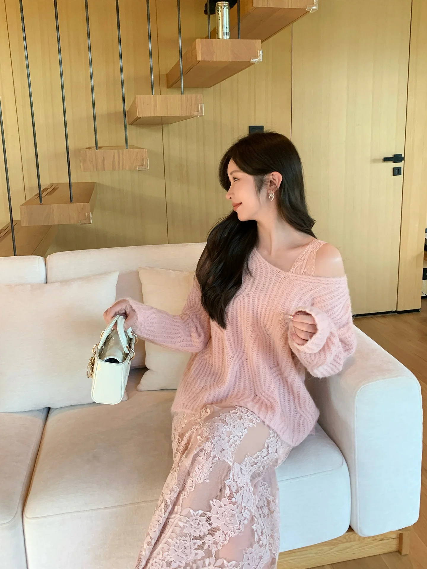 

Elegant V-Neck Knitwear Shoulder Bared Loose Fit Women's Sweater Winter Season Long Sleeve Polyester Nylon Acrylic Wool Blend