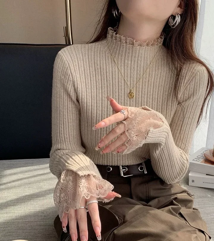 Herbst Winter Rollkragen Dünne Elastische Gestrickte Pullover Frauen Einfarbig Tops Weibliche Lange Ärmel Stricken Patctwork Spitze Pullover – Detail 14