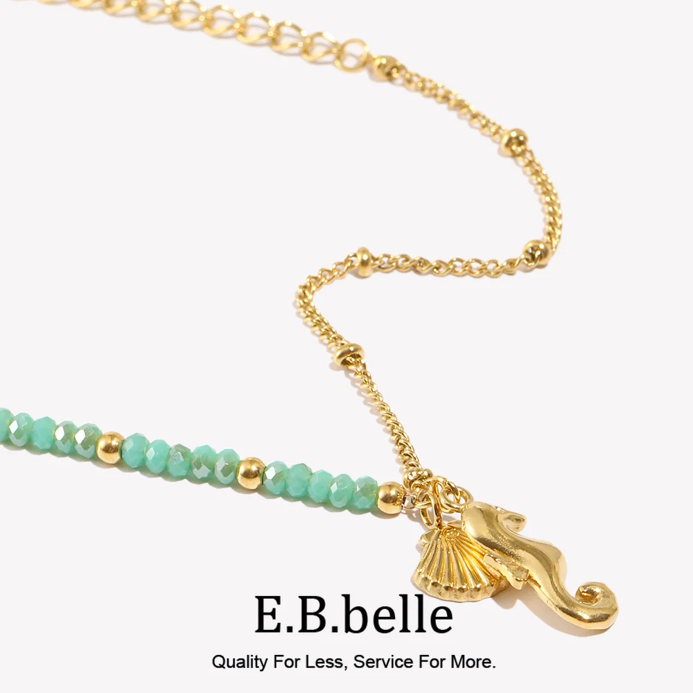 E.B.belle 非対称グリーンカラービーズタツノオトシゴペンダントブレスレット 18K ゴールドメッキステンレス鋼サマービーチシックジュエリー 1