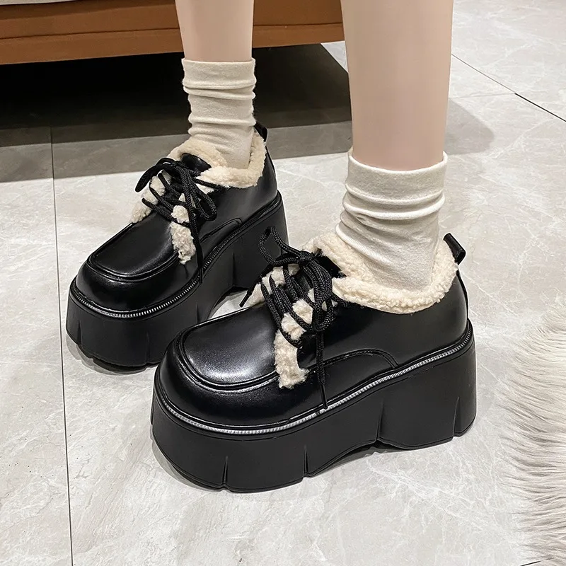 9CM Microfiber Leather Wedge Pumps Platform Warm Plush Lace-up High Brand Fashion Winter Ankle Boots Women Black Loafers Shoes