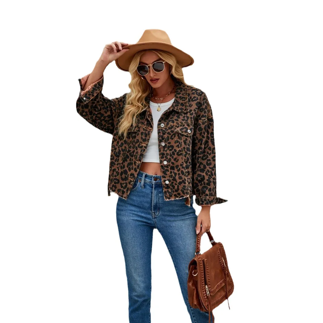 Women's Elegant Jacket With Lapel 2024 Autumn  Leopard Print Fashion Cardigan Denim Short Jacket Chaqueta De Invierno Para Mujer