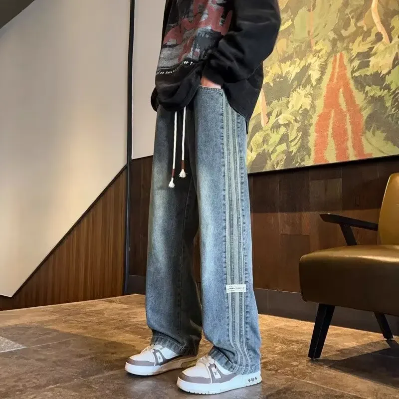 

Men's Straight Leg Long Three Bar American Retro Jeans Men's Spring and Autumn New Style High Street Elastic Waist Loose Casual