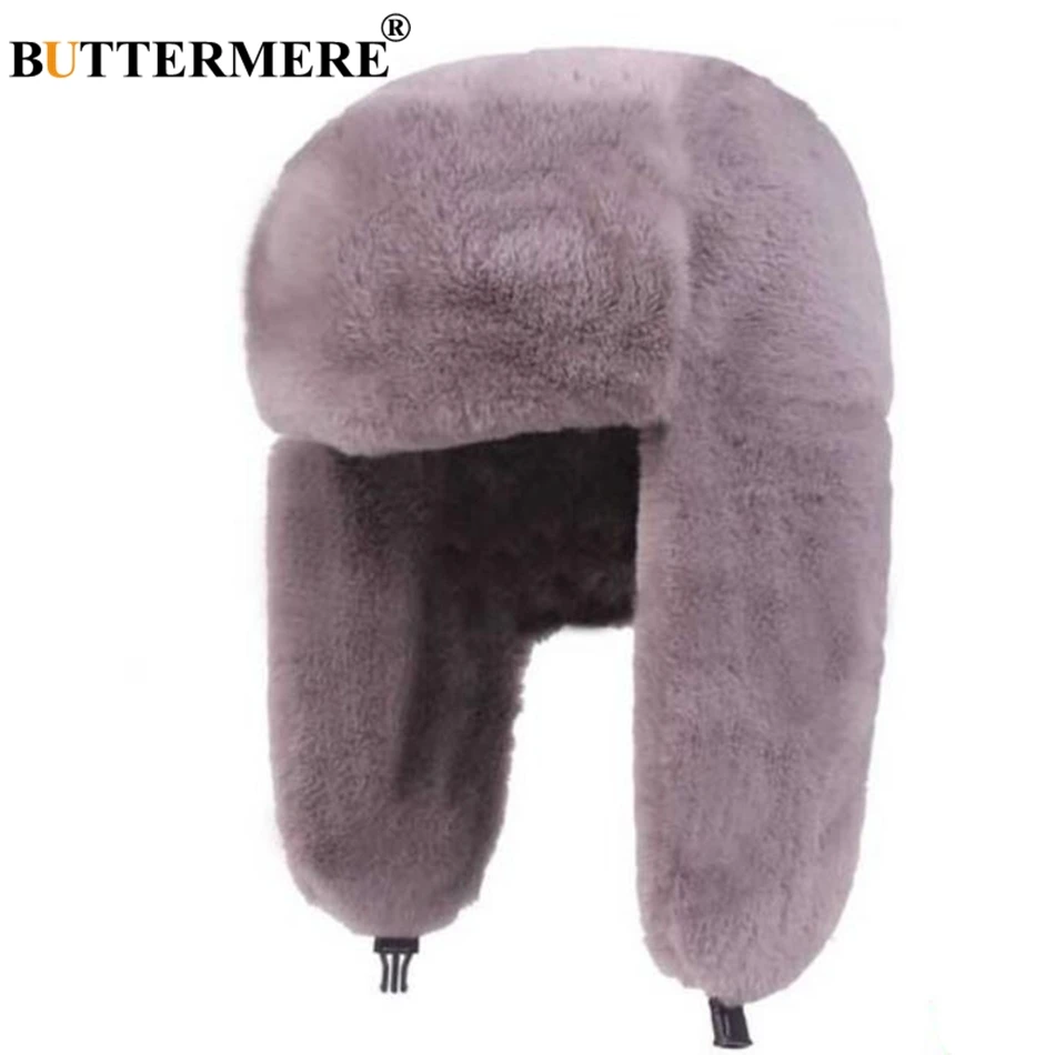 BUTTERMERE-gorros de bombardero de piel para mujer, color rosa, ruso, más grueso, cálido, sólido, suave, a prueba de viento, con solapa en la oreja, Ushanka, 2024