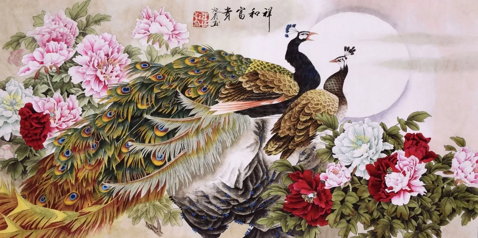 ORIGINAL ASIAN ART CHINESE FIGURE PAINTING Fortune Peacock&flower Art Picture Print Silk Poster Living Room Decor Home Wall
