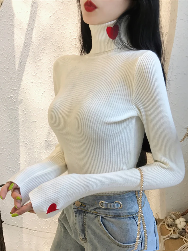 Heart Embroidery Turtleneck Knitted Women Sweaters Ribbed Pullovers Autumn Winter Basic Sweater Female Soft Warm Tops