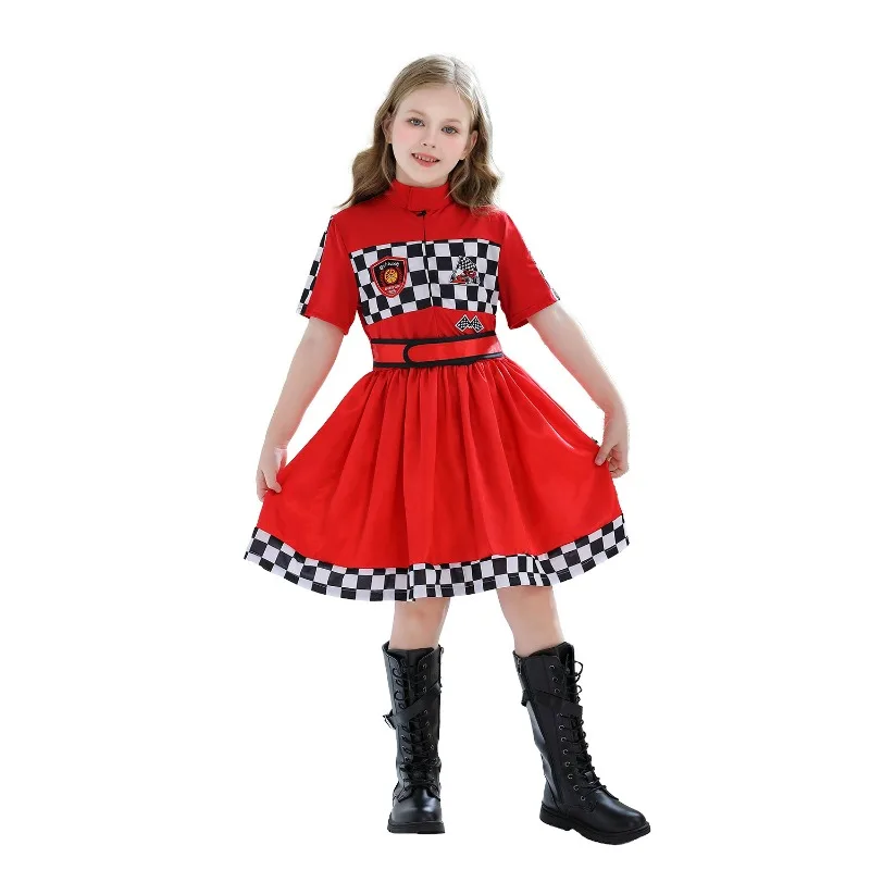 الأطفال الفتيات بدلة سباق فستان وقبعة نظارات العلم ميدالية سباق سائق لعب الأدوار زي التشجيع موحدة #5