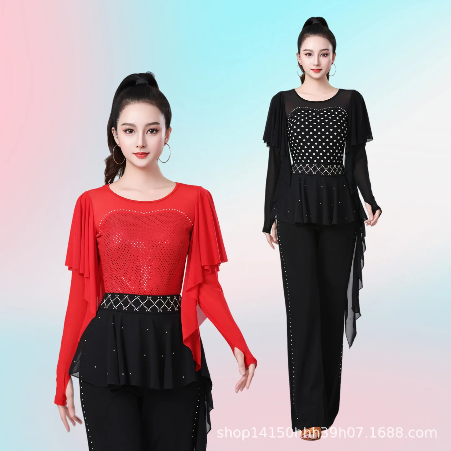 

Новая женская одежда Jitba: топ с длинным рукавом, рюшами, для латиноамериканских и современных танцев, для квадратных танцев