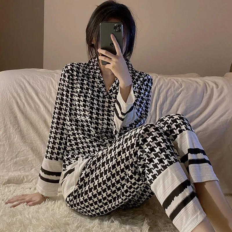 Women Spring Pajamas Bow Sweet Pyjamas Long Sleeve V Neck Loungewear Casual Loose Nightdress Matching Color Lacework Sleepwear