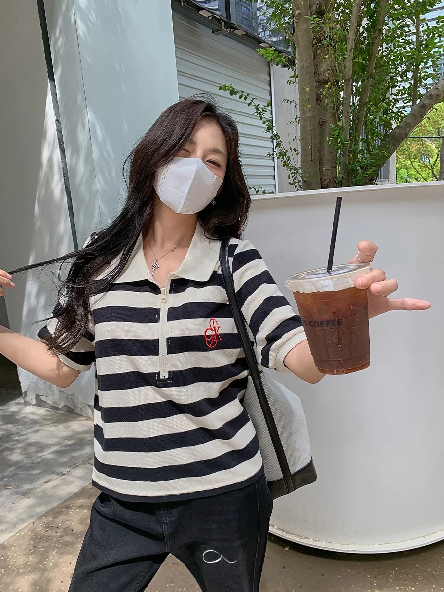 

Женская футболка больших размеров с молнией, полосатая, повседневная, летняя, свободного кроя, с коротким рукавом