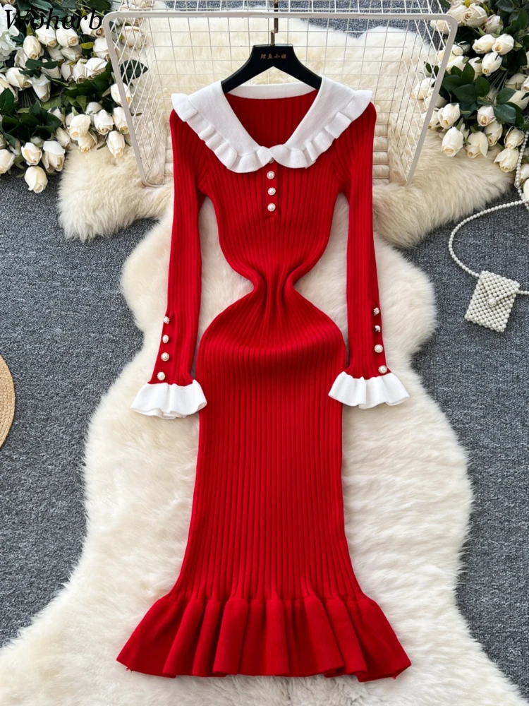 Vintage Chic Patchwork Temperament Robe Femme Knitted Woman Dresses 2024 Vestidos De Mujer Slim Waist Bodycon Pearl Button Dress